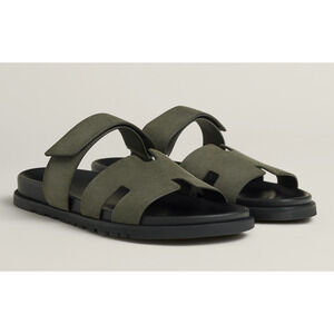 Hermes Chypre Sandal Vert Foret Green Black H Logo Slide Slip On Flop Flat 44 11